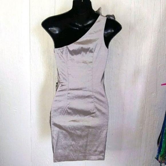 HAILEY LOGAN Silver Ruffled One Shoulder Metallic Cocktail Dress - Picture 4 of 4